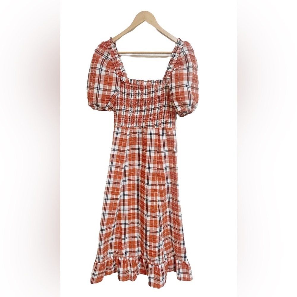 Fall Plaid Dress Smocked Bohemian Maxi Dress Orange Navy Combo Size M - Picture 9 of 11